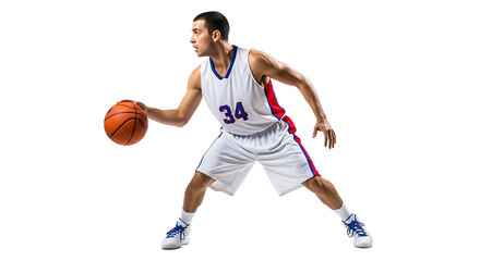 Basketball player dribbling the ball during a game on transparent background