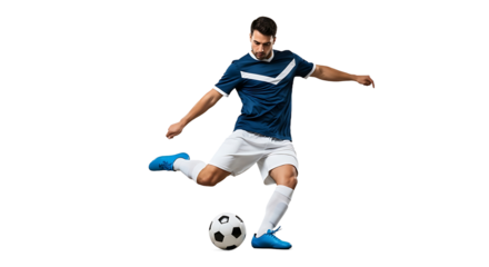 Soccer player kicking the ball with power and precision on transparent background