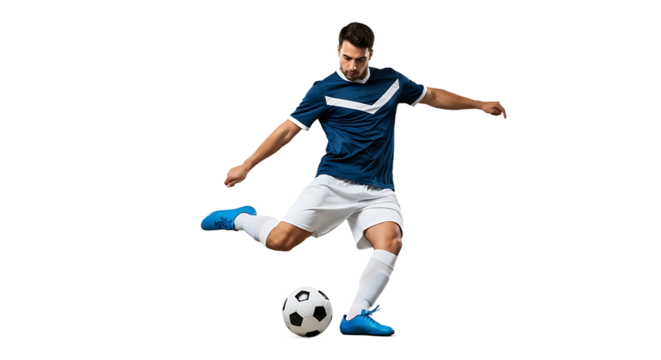 Soccer player kicking the ball with power and precision on transparent background