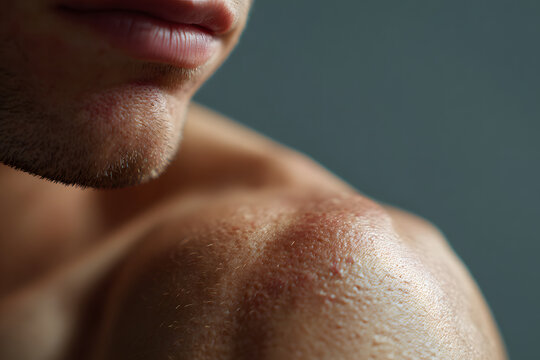 Eczema close up skin: Close up captures sweaty shoulder, showing resilience and intensity of physical exertion, testament to strength