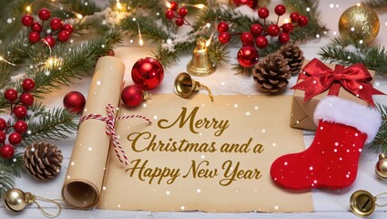 Bright festive Christmas and New Year greeting card arrangement featuring pine branches, red ornaments, golden bells, and the red stocking upon a light wooden table under warm soft lighting
