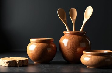 Wooden kitchen utensils in ceramic jars with a dark background