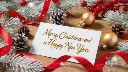 Festive Christmas greeting card surrounded by pinecones, red ribbon, golden ornaments, and frosted branches upon the wooden table under warm holiday lighting, creating a cheerful seasonal mood