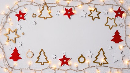 Festive Christmas decorations and glowing string lights arranged upon the white textured background, featuring red, gold, and white stars and tree shapes within a cozy holiday setting