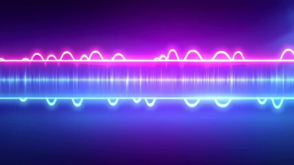 Intricate digital representation of sound frequencies, displaying multilayered audio signals through vibrant purple, blue, and cyan color gradients with complex horizontal and curved linear patterns. - Powered by Adobe