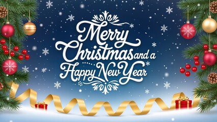 Colorful festive Christmas and New Year greeting card design featuring pine branches, red ornaments, golden ribbon, and snowflakes upon the blue winter background featuring a cheerful holiday mood