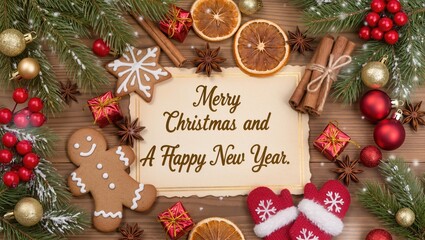 Warm Christmas greeting card surrounded by festive decorations including gingerbread cookies, pine branches, red ornaments, and dried oranges upon the wooden background under soft winter lighting
