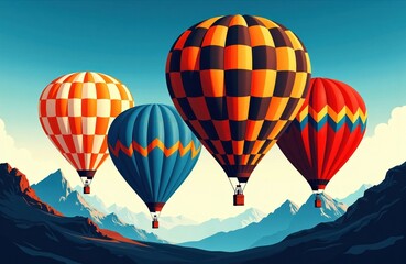 Obraz premium Colorful hot air balloons floating over mountain landscape with clear sky