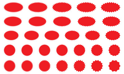 Red Starburst Stickers and Labels Collection for Sale, Discount, and Promo Advertising Design.
