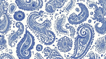 Blue Paisley Pattern on White Background