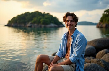 A smiling young man relaxing by a lakeside during sunset with a scenic island in the background