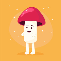 Cheerful cartoon mushroom character on playful orange background