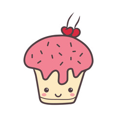 Kawaii Cupcake with Pink Icing and Cherries Illustration