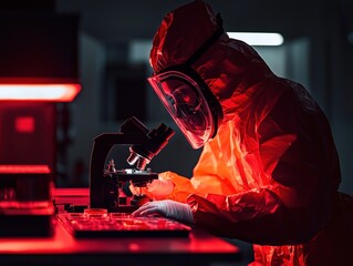Examination of dangerous organisms under a microscope. A laboratory with a red danger signal. The doctor examines the microorganisms under a microscope.A scientist in a red protective suit and mask.