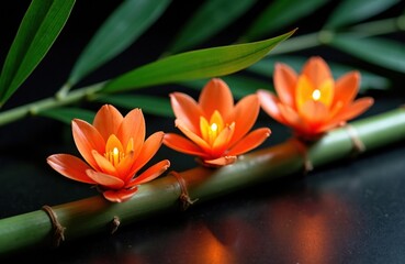 Fototapeta premium Three orange flowers with glowing centers rest on a bamboo stalk surrounded by green leaves against a dark background