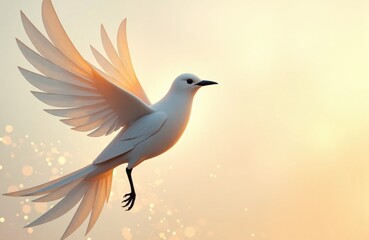 Fototapeta premium A white bird with outstretched wings soaring against a soft, glowing background