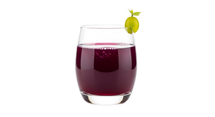 Refreshing glass of purple grape juice garnished with a green grape slice on transparent background