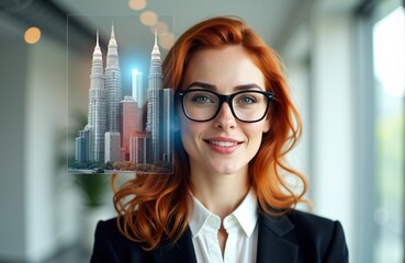 Businesswoman with red hair and glasses smiling in modern office with digital cityscape projection