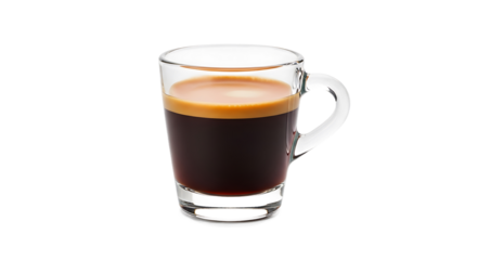 Freshly brewed espresso in a clear glass cup on transparent background