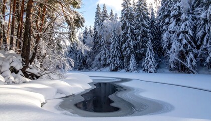 Frozen winter stream in a snowy forest. Sunlight illuminates the snow-covered trees and ice-covered water