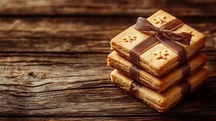Stack of shortbread cookies tied with a ribbon on a wooden table.