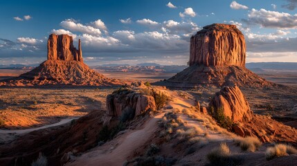 Breathtaking wide-shot photograph of Monument Valley at sunrise, the iconic red rock buttes bathed in warm light, casting long shadows.