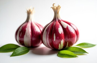 Fototapeta premium Fresh garlic bulbs with green leaves on a white background
