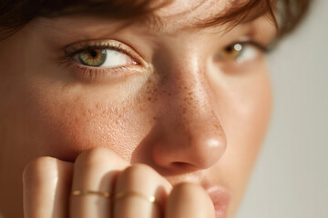 Eczema close up skin: Close up shows woman freckled face with captivating eyes, her expression mixture of curiosity and introspection