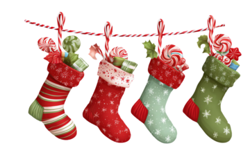 Four christmas stockings filled with candy and gifts hanging on a string isolated on transparent background