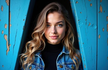 Fototapeta premium Woman with wavy blonde hair and blue eyes standing between weathered blue wooden panels