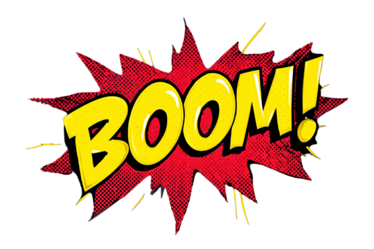 Boom comic book explosion sound effect isolated on transparent background