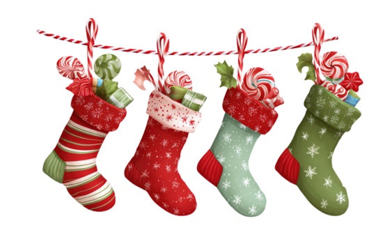 Four christmas stockings filled with candy and gifts hanging on a string isolated on transparent background