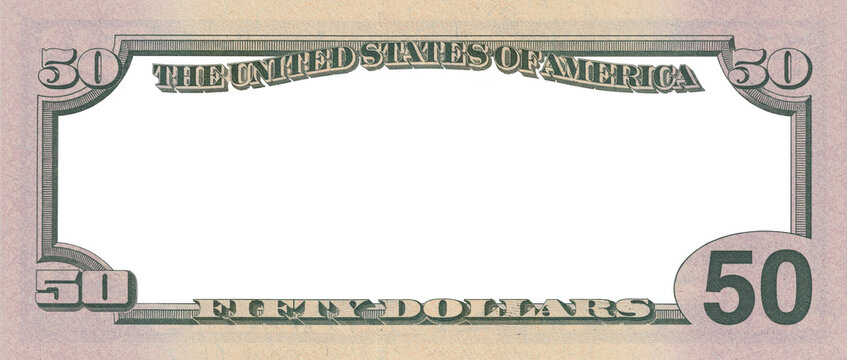 Blank guilloche note. Game US 50 dollars bill. Frame sample, modern paper game money of United States of America. Empty. Reverse of banknote denomination fifty. Template of illustration