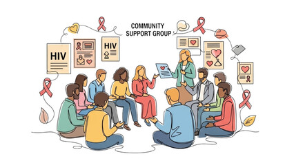 Continuous Line Art of HIV Awareness, Community Support Group and School Education, Minimalist Health and Prevention Illustration