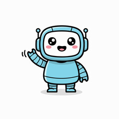 Cute blue robot character waving hand, friendly cartoon android mascot illustration for technology