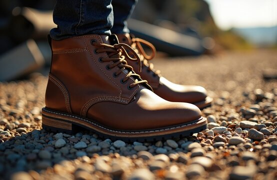 Men's brown leather boots standing on rocky ground in outdoor setting