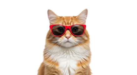 Cool cat wearing red sunglasses stares directly at the camera lens now on transparent background