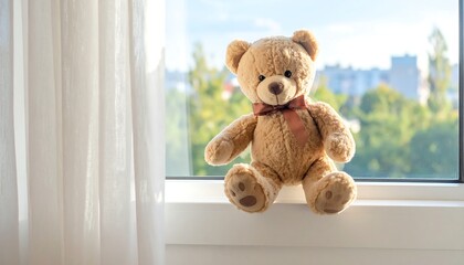 A light beige teddy bear sits on a windowsill, facing the viewer.  Soft, sheer white curtains frame the window, behind which a cityscape is visible.  Sunlight illuminates the scene