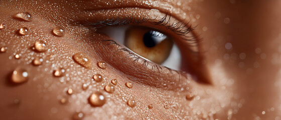 Eczema close up skin: Close up of eye, skin and water droplets display health issues, skin distress and sense of discomfort