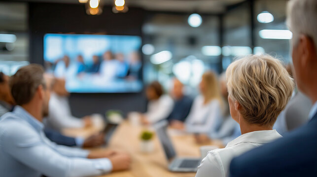 Professionals engage during a meeting while discussing important topics in a modern conference room