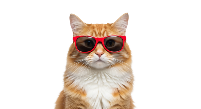 Cool cat wearing red sunglasses stares directly at the camera lens now on transparent background