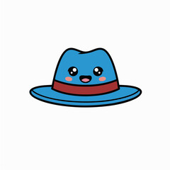 Cute blue fedora hat with a happy face, kawaii cartoon character illustration