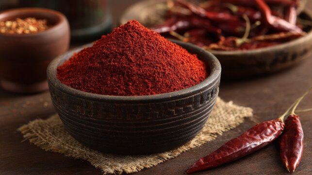 Stunning photo of chili powder in a bowl with dried chilies and chili flakes in background. - Powered by Adobe
