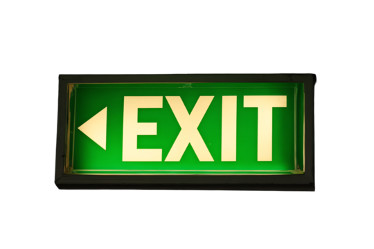 Green illuminated exit sign with left arrow isolated on transparent background