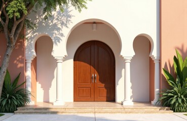 Fototapeta premium A wooden door set within an arched entrance framed by white columns and surrounded by lush green plants