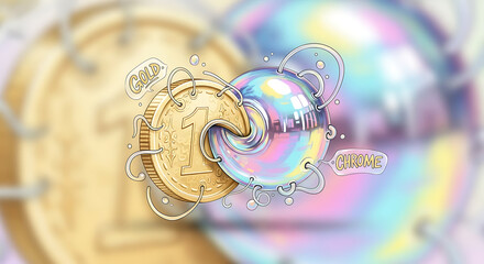 A cartoon image showing a gold coin intersecting with a chrome bubble with whimsical line accents around them