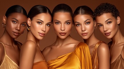 Obraz premium Diverse group of women showcasing beauty and confidence in a warm, elegant setting