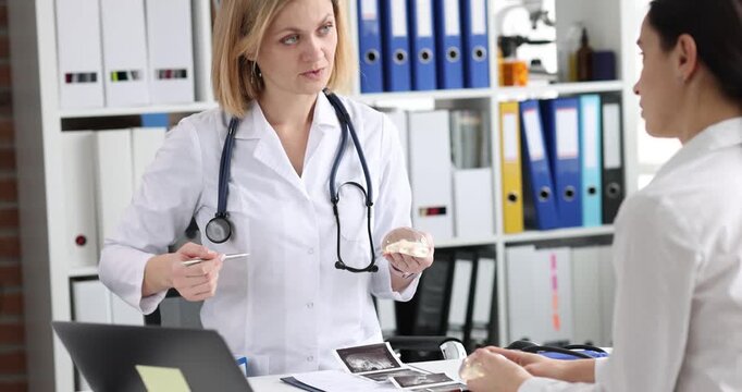 Mammalogist shows breast model to woman patient during consultation. Specialist explains diagnosis and recommends screening plan noting risk