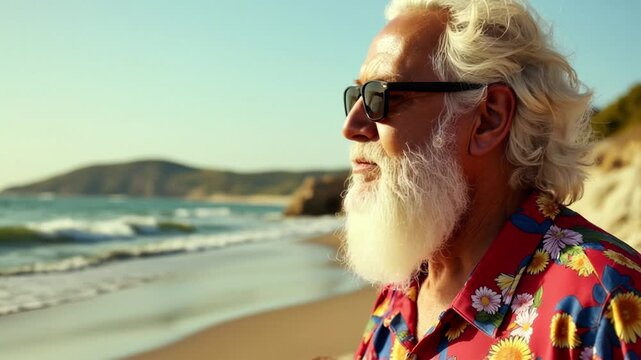 An elderly man with a beard and sunglasses, enjoying life in his colorful floral shirt