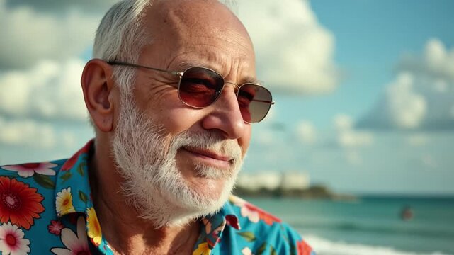An elderly man with a beard and sunglasses, enjoying life in his colorful floral shirt